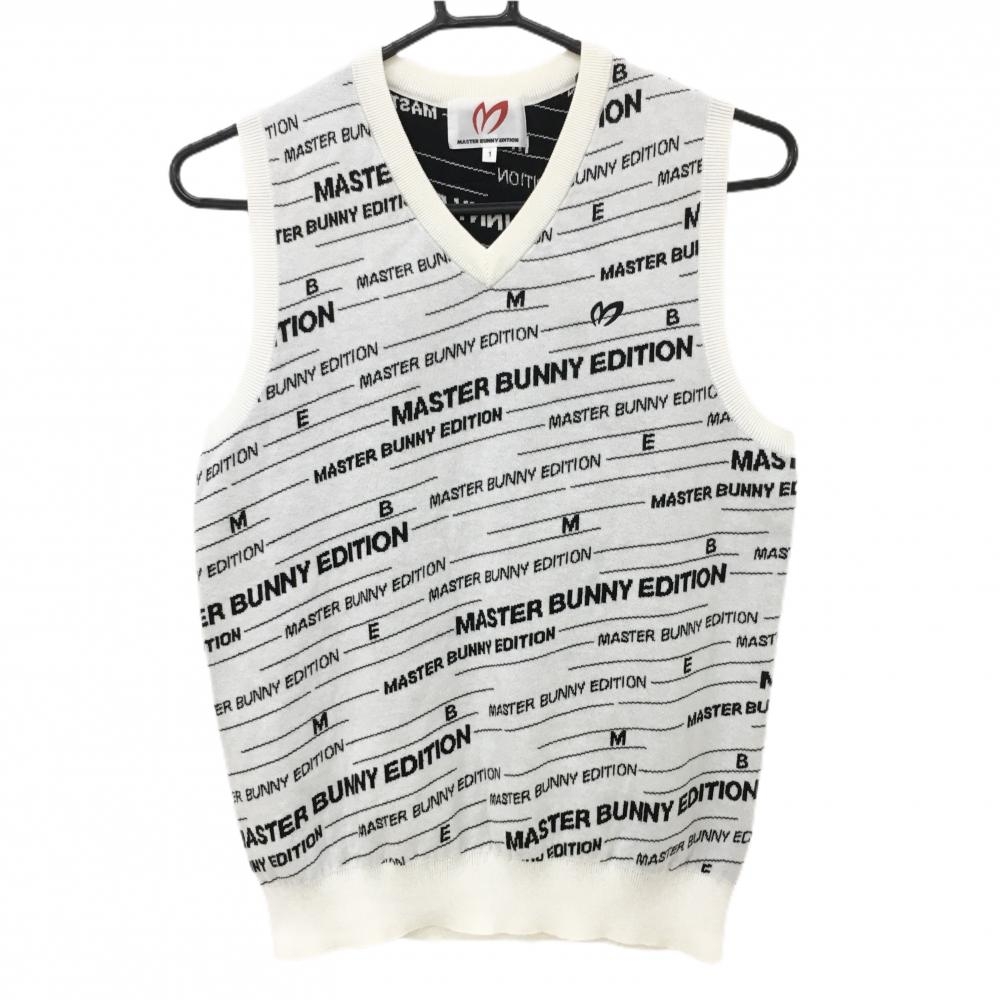 【美品】マスターバニー ニットベスト 白×黒 ロゴ総柄 コットン混  レディース 1(M) ゴルフウェア MASTER BUNNY EDITION