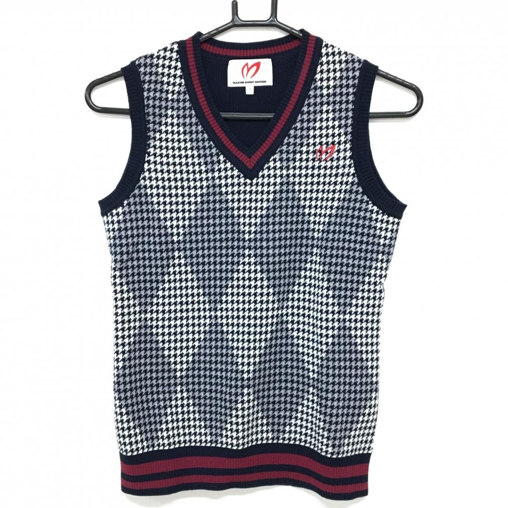【超美品】マスターバニー ニットベスト 白×ネイビー 前面千鳥格子×ダイヤ柄 レディース 1(M) ゴルフウェア MASTER BUNNY EDITION