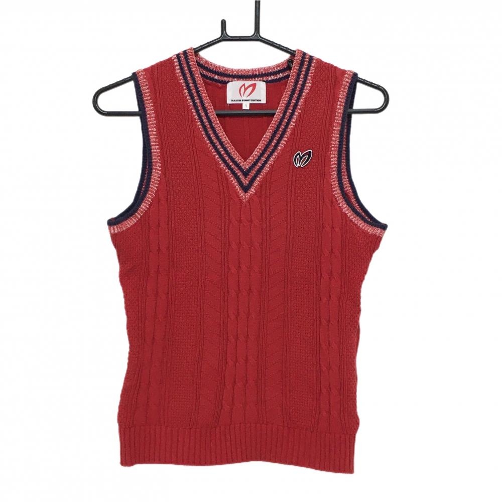 マスターバニー ニットベスト レッド×ネイビー Vネック ケーブル編み コットン混 レディース 1(M) ゴルフウェア MASTER BUNNY EDITION