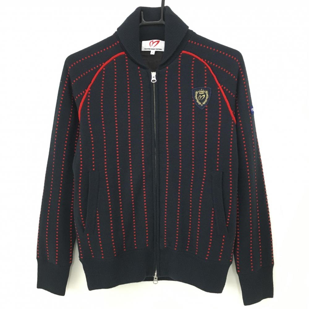 【超美品】マスターバニー ニットジャケット ネイビー×レッド ドットストライプ  レディース 1(M) ゴルフウェア MASTER BUNNY EDITION