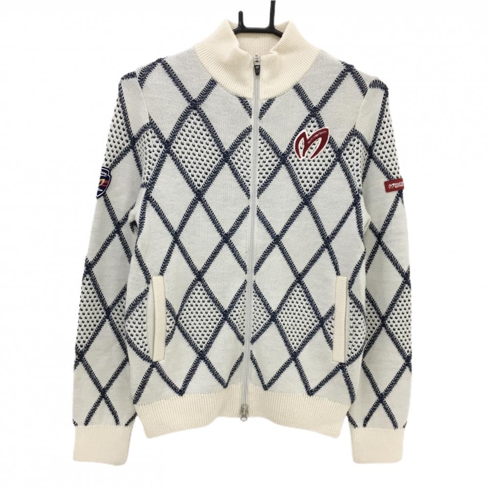 【美品】マスターバニー ニットジャケット 白×ネイビー ダイヤ柄 ウール混 レディース 1(M) ゴルフウェア MASTER BUNNY EDITION