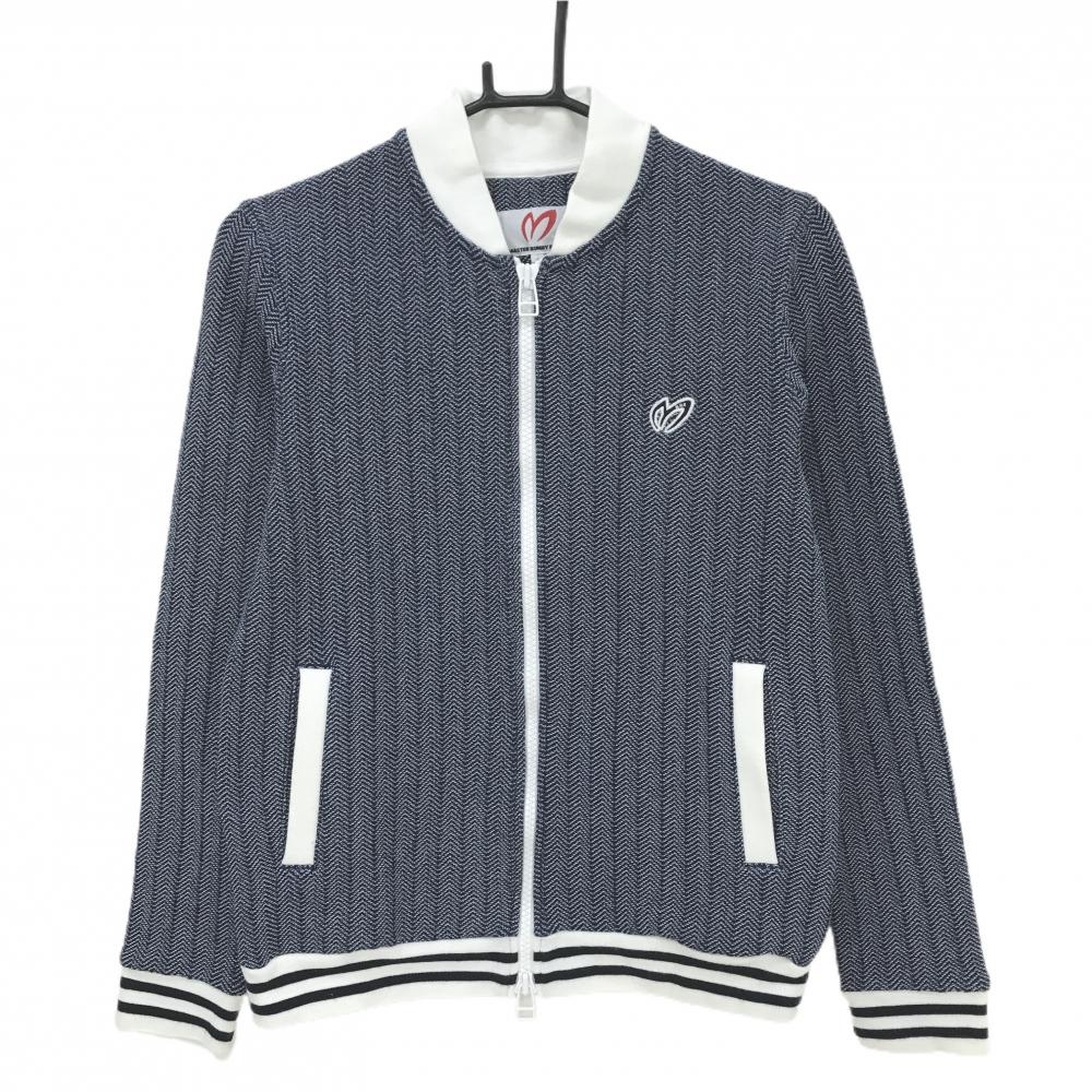 【美品】マスターバニー ニットジャケット ネイビー×白 ヘリンボーン レディース 1(M) ゴルフウェア MASTER BUNNY EDITION