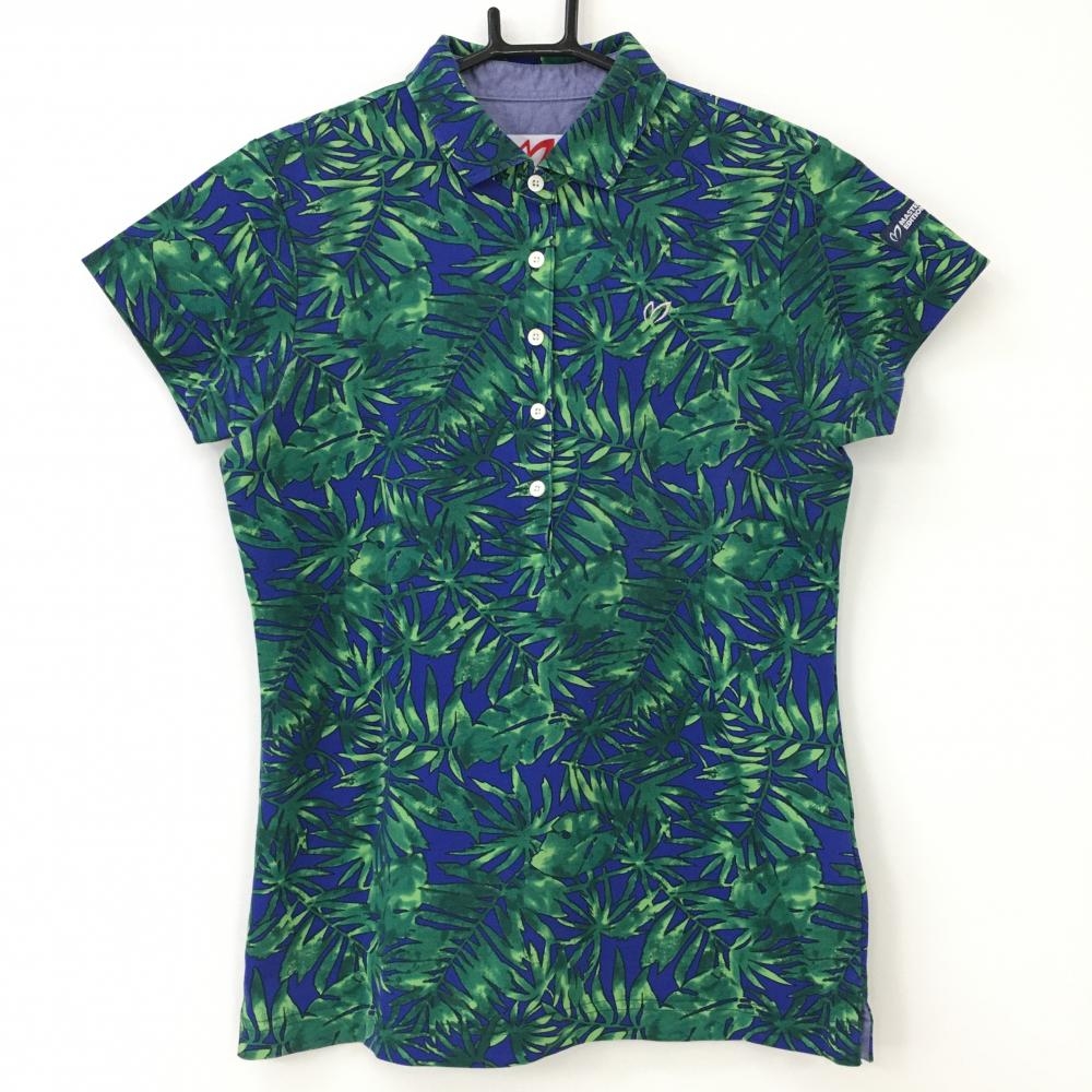 【超美品】マスターバニー 半袖ポロシャツ グリーン×ブルー リーフ柄  レディース 0(S) ゴルフウェア MASTER BUNNY EDITION