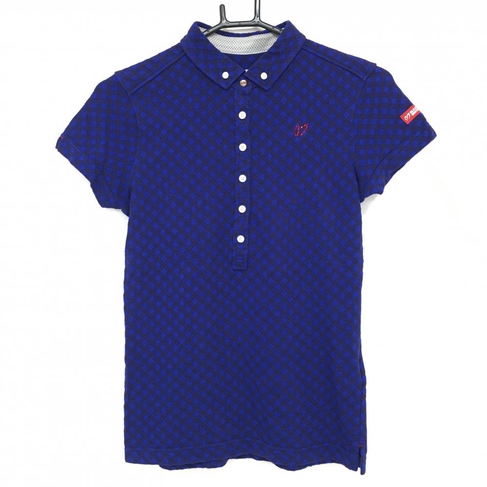【超美品】マスターバニー 半袖ポロシャツ ブルー×ネイビー チェック ボタンダウン レディース 0(S) ゴルフウェア MASTER BUNNY EDITION