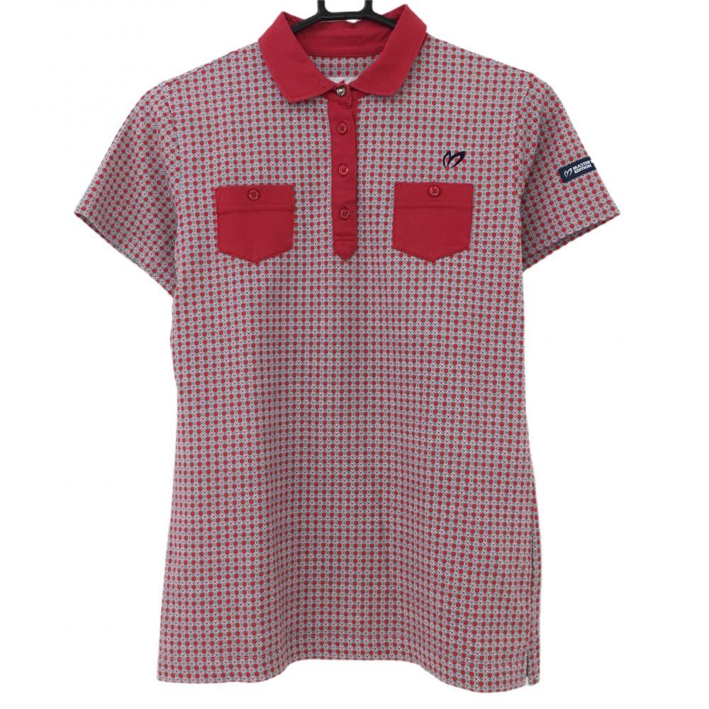 【美品】マスターバニー 半袖ポロシャツ レッド×グリーン 総柄 胸ポケット付  レディース 2(L) ゴルフウェア MASTER BUNNY EDITION