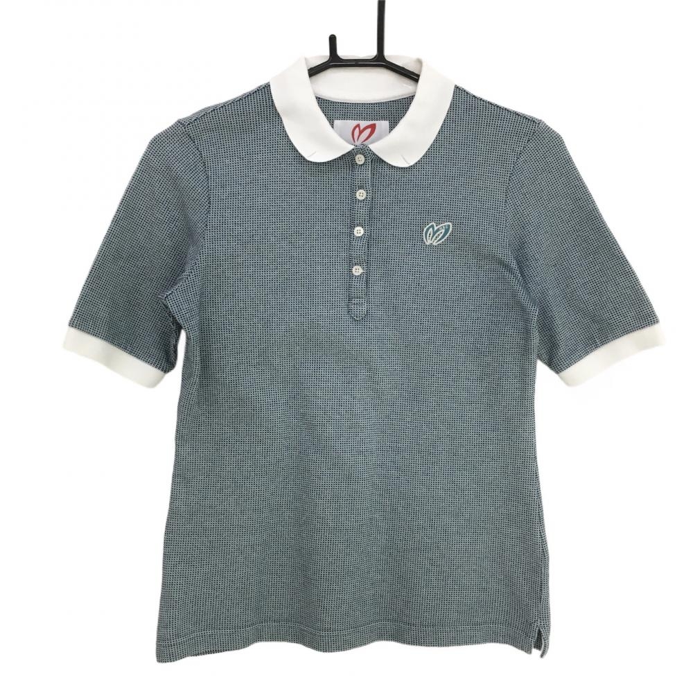 【美品】マスターバニー 半袖ポロシャツ ライトブルー系×ネイビー 地模様 丸襟  レディース 0(S) ゴルフウェア MASTER BUNNY EDITION