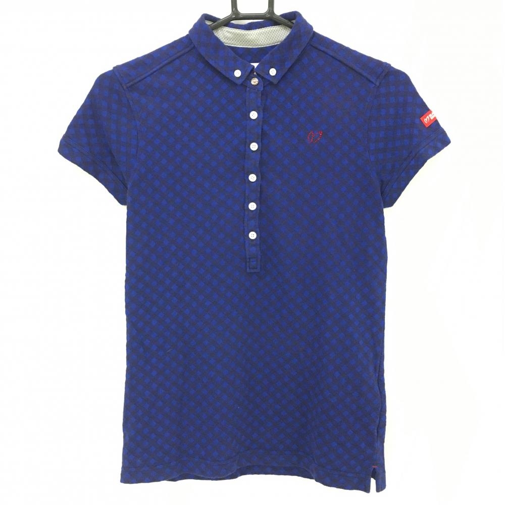 【美品】マスターバニー 半袖ポロシャツ ブルー×ネイビー チェック ボタンダウン  レディース 1(M) ゴルフウェア MASTER BUNNY EDITION