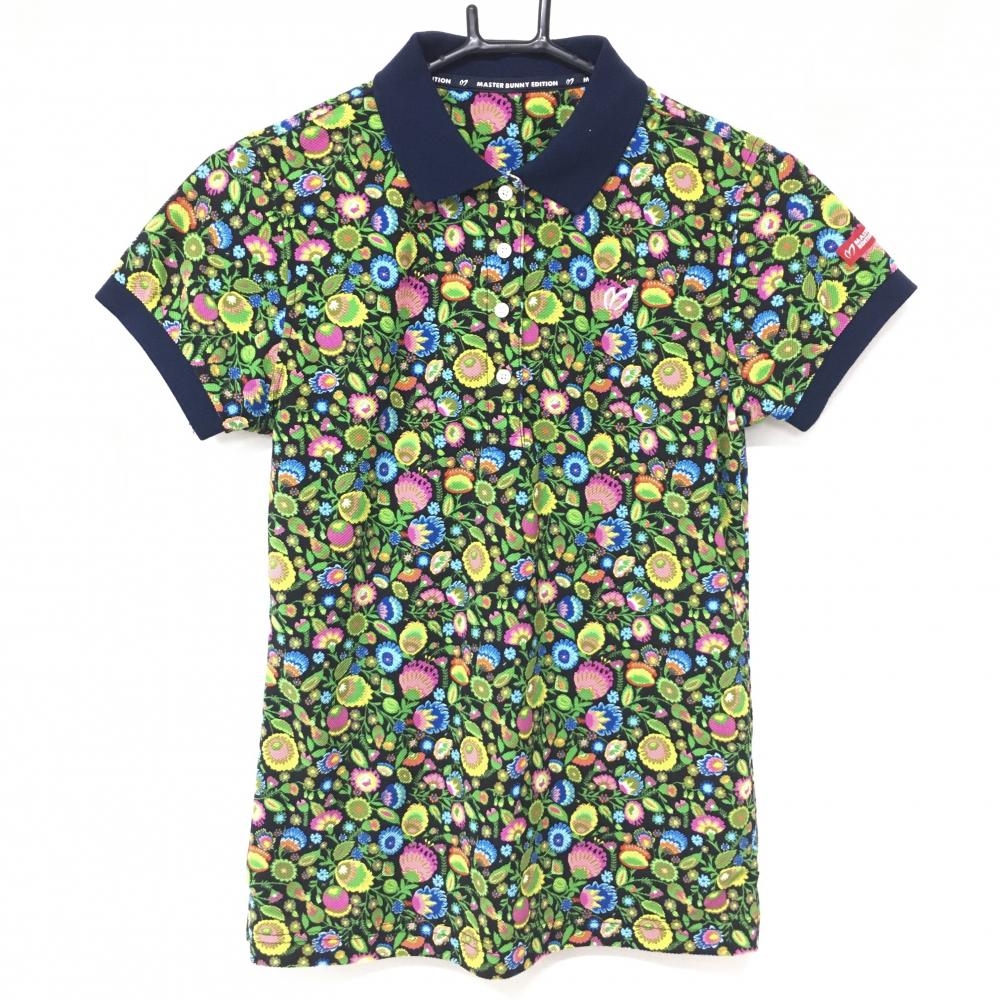 【美品】マスターバニー 半袖ポロシャツ 黒×グリーン 花柄  レディース 1(M) ゴルフウェア MASTER BUNNY EDITION