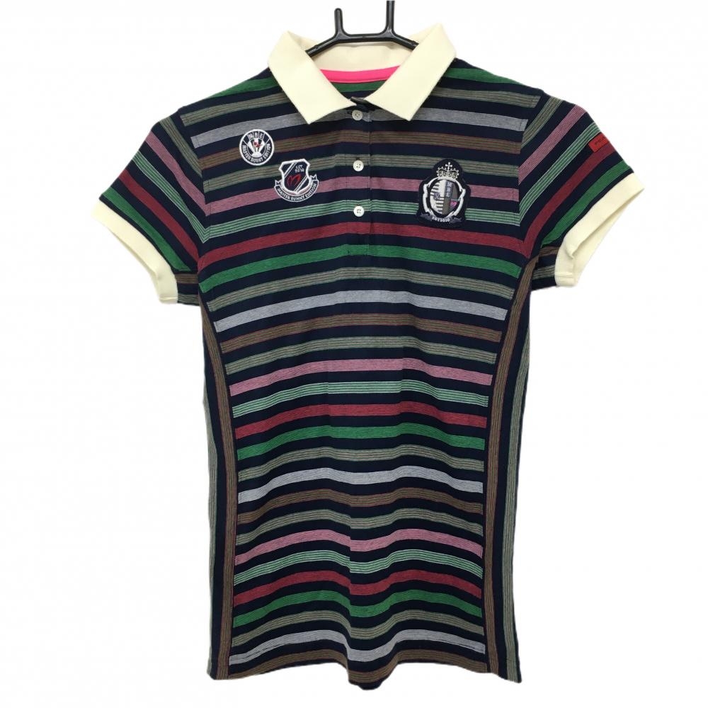 【美品】マスターバニー 半袖ポロシャツ ネイビー×グリーン ボーダー  レディース 0(S) ゴルフウェア MASTER BUNNY EDITION