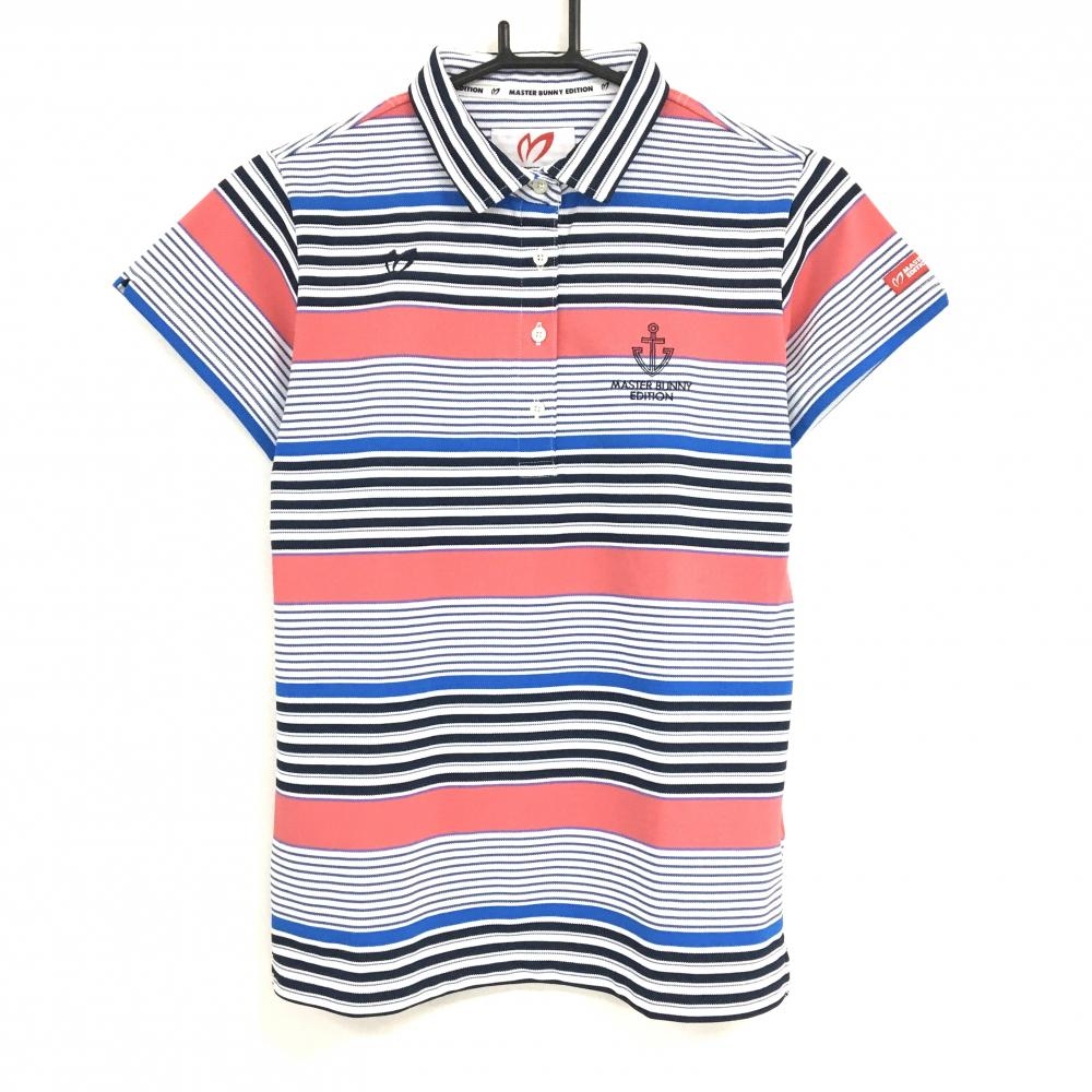 【超美品】マスターバニー 半袖ポロシャツ 白×ネイビー×ピンク ボーダー風 レディース 1(M) ゴルフウェア MASTER BUNNY EDITION