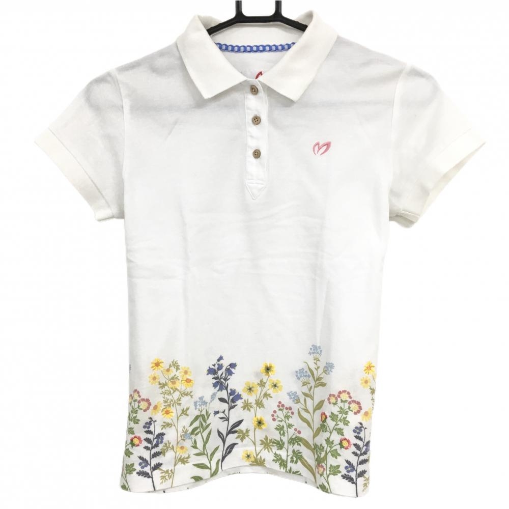 マスターバニー 半袖ポロシャツ 白×イエロー 下部花柄 レディース 0(S) ゴルフウェア MASTER BUNNY EDITION