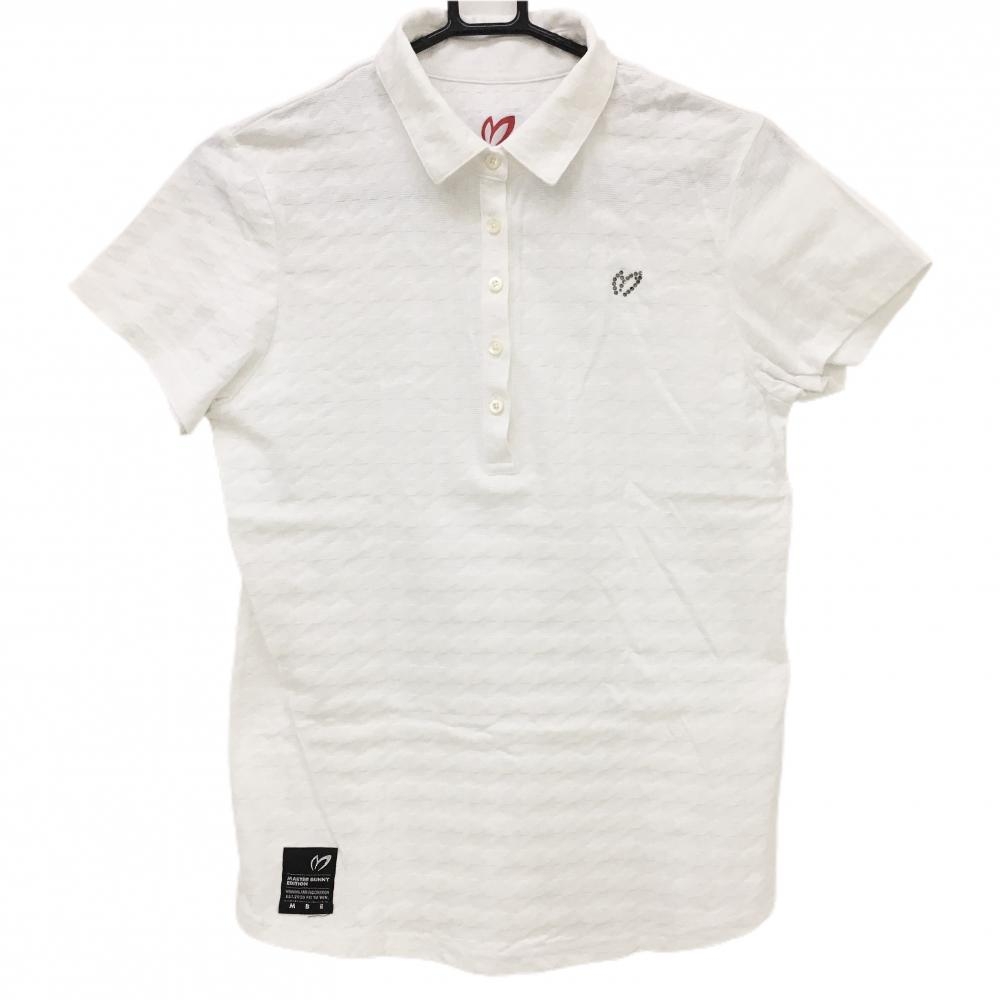 【美品】マスターバニー 半袖ポロシャツ 白 千鳥格子織生地 ラインストーン レディース 2(L) ゴルフウェア MASTER BUNNY EDITION