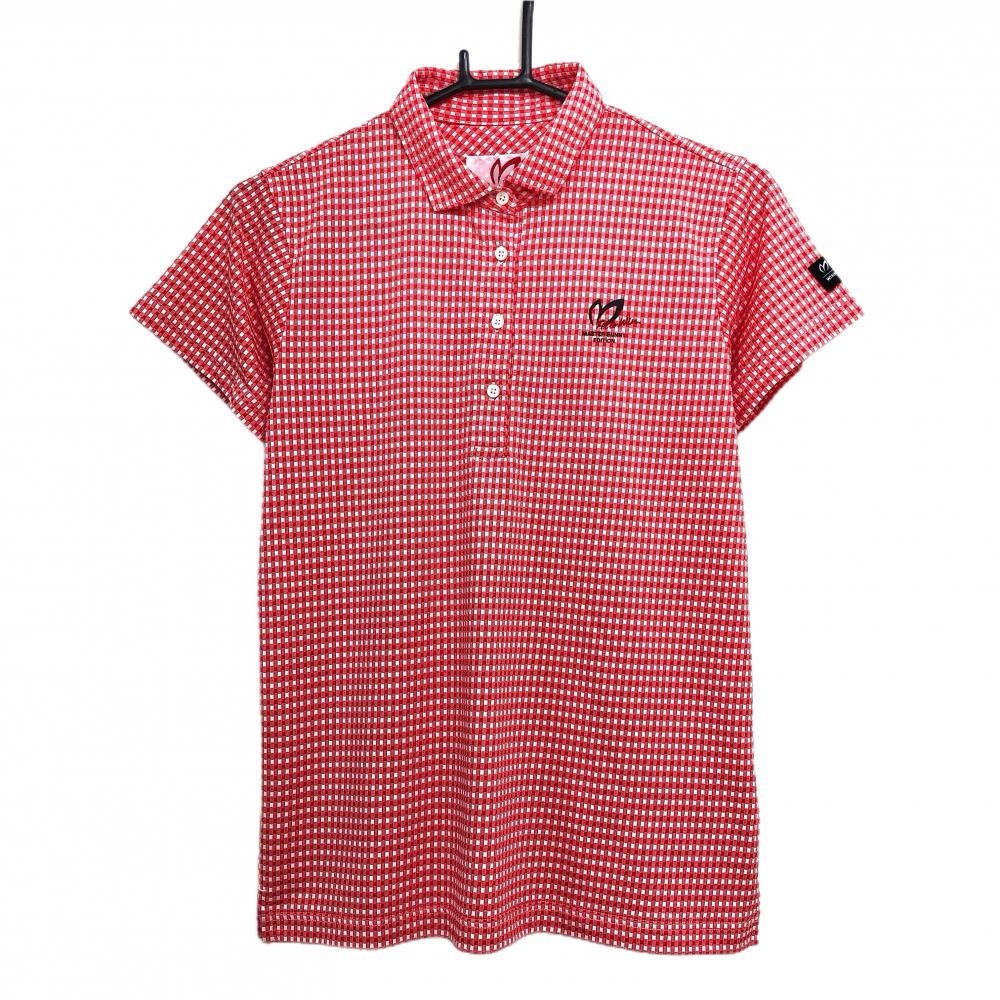 【超美品】マスターバニー 半袖ポロシャツ オレンジレッド×白 チェック レディース 1(M) ゴルフウェア MASTER BUNNY EDITION