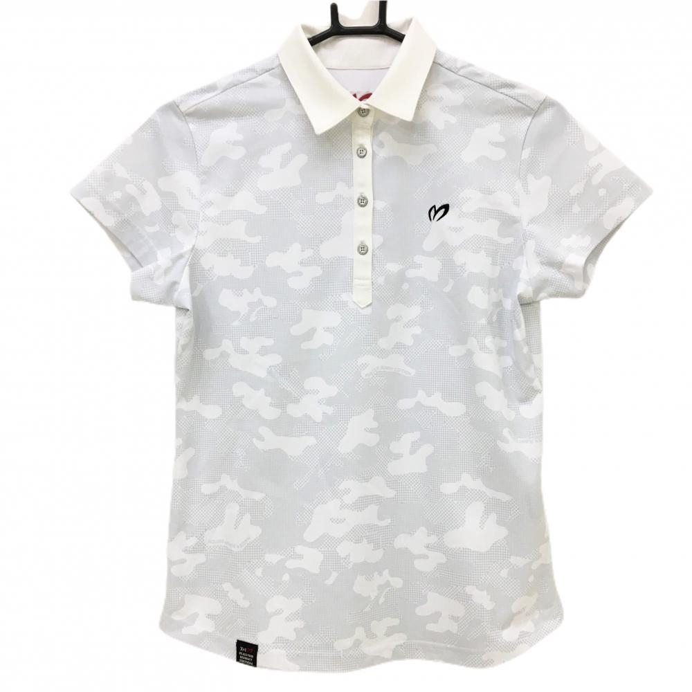 【超美品】マスターバニー 半袖ポロシャツ 白×ライトグレー カモフラ調 ロゴ刺しゅう レディース 1(M) ゴルフウェア MASTER BUNNY EDITION
