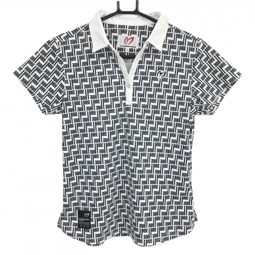 【超美品】マスターバニー 半袖ポロシャツ 白×ダークネイビー ロゴ総柄 スキッパー レディース 0(S) ゴルフウェア MASTER BUNNY EDITION