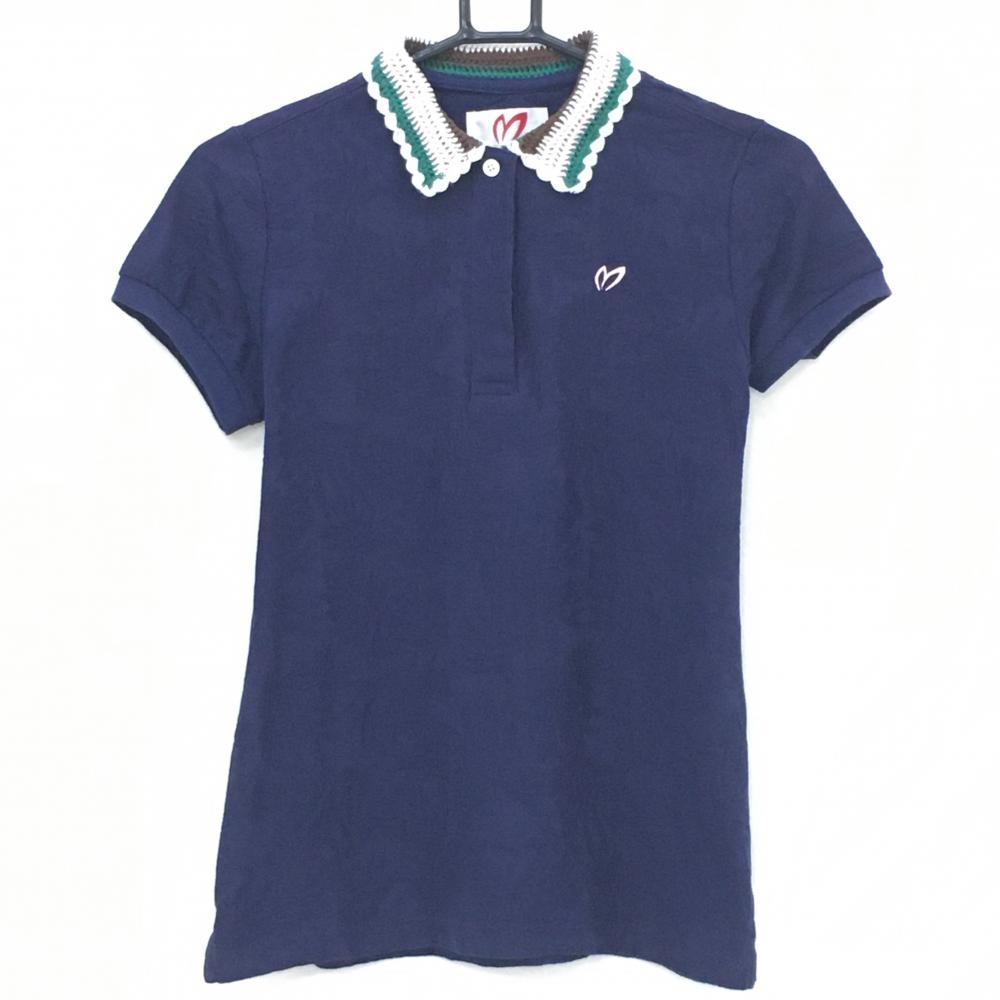 【超美品】マスターバニー 半袖ポロシャツ ネイビー リーフ柄×花柄織生地 襟ニット レディース 1(M) ゴルフウェア MASTER BUNNY EDITION