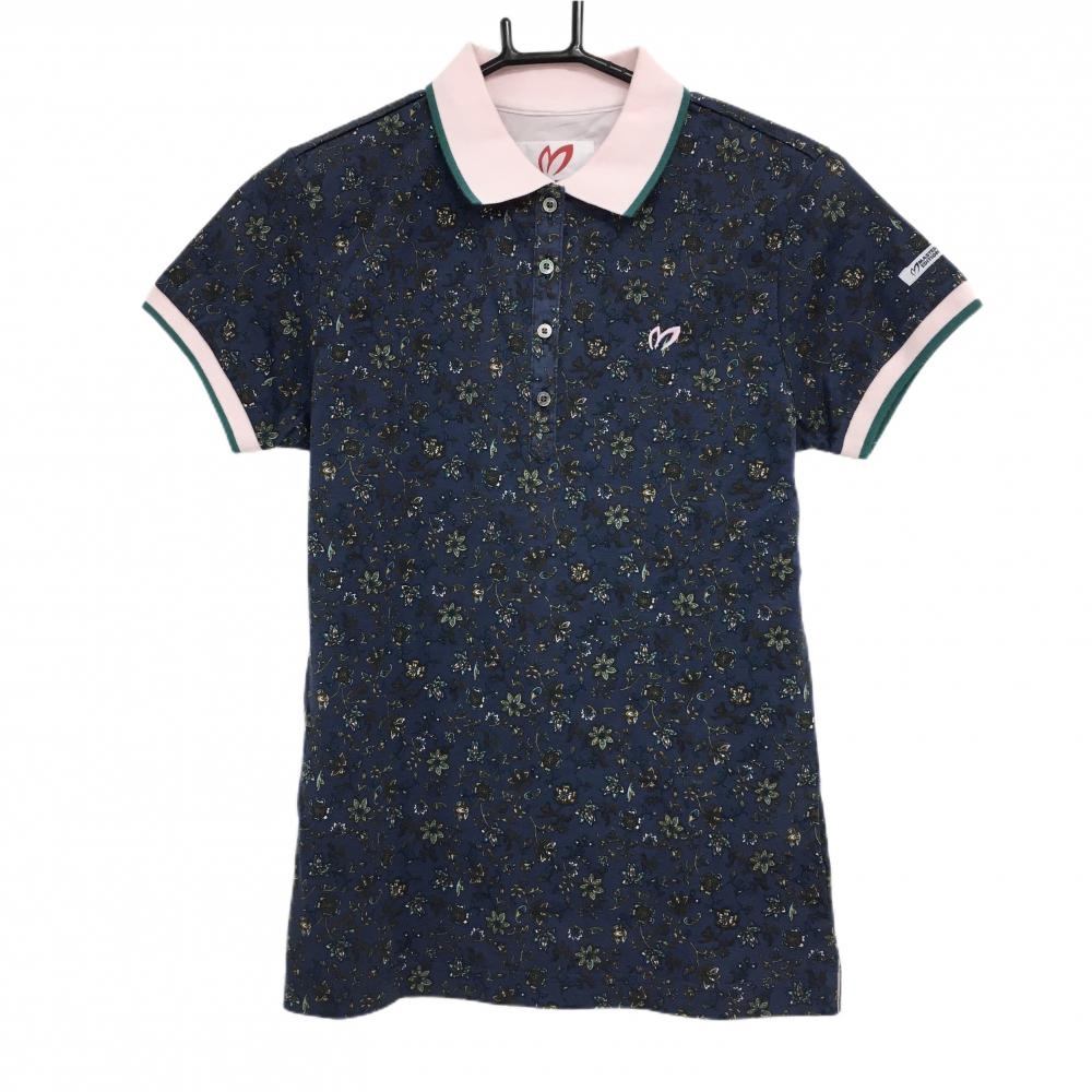 【新品】マスターバニー 半袖ポロシャツ ネイビー×ブラウン系 花柄 コットン100％ レディース 1(M) ゴルフウェア MASTER BUNNY EDITION