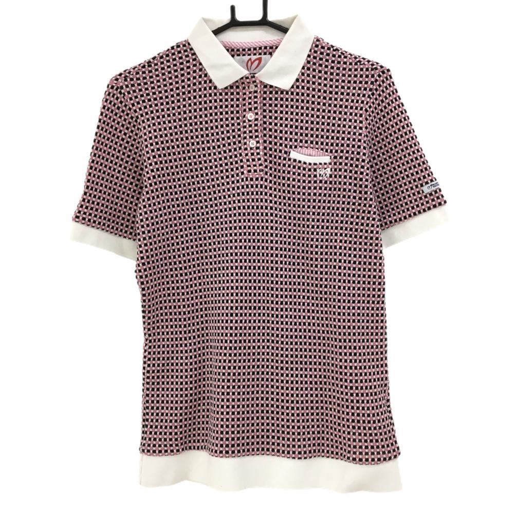 マスターバニー 半袖ニットポロシャツ 白×ピンク×黒 チェック織生地 レディース 2(L) ゴルフウェア MASTER BUNNY EDITION