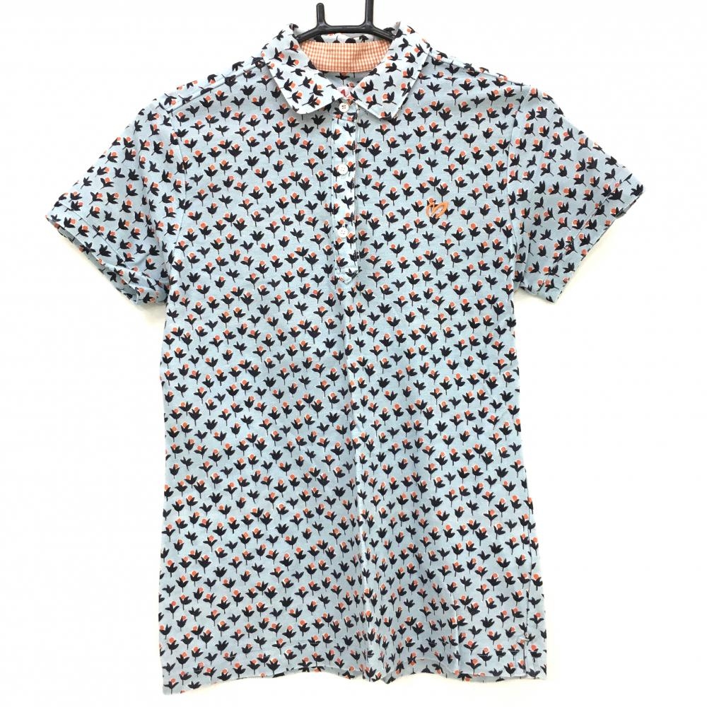 マスターバニー 半袖ポロシャツ ライトブルー×黒×レッド 総柄  レディース 1(M) ゴルフウェア MASTER BUNNY EDITION