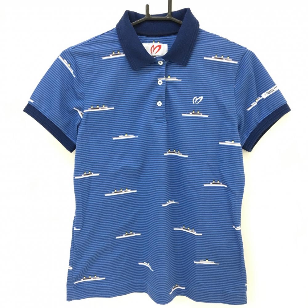 【美品】マスターバニー 半袖ポロシャツ ブルー×ネイビー 細ボーダー 船柄 レディース 2(L) ゴルフウェア MASTER BUNNY EDITION