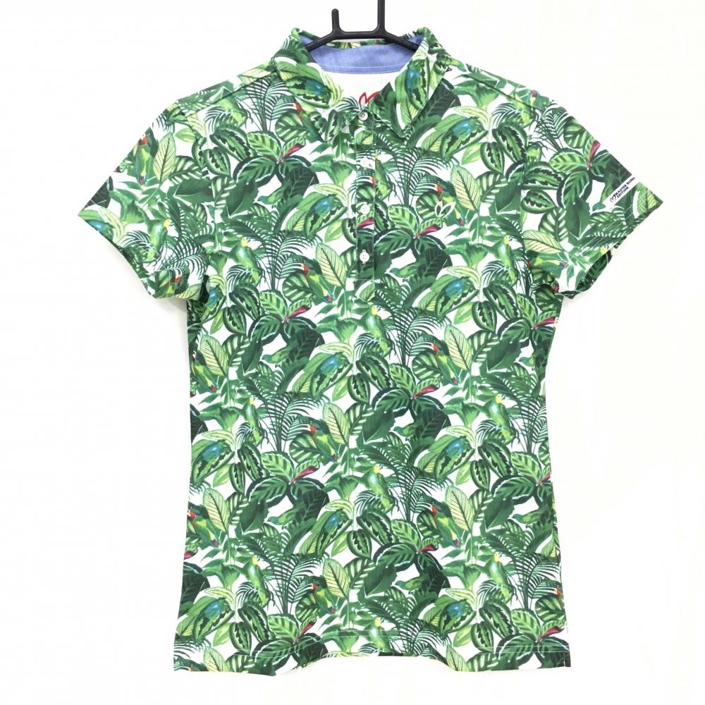 【新品】マスターバニー 半袖ポロシャツ グリーン×白 リーフ柄 UVカット 吸水速乾 レディース 1(M) ゴルフウェア MASTER BUNNY EDITION