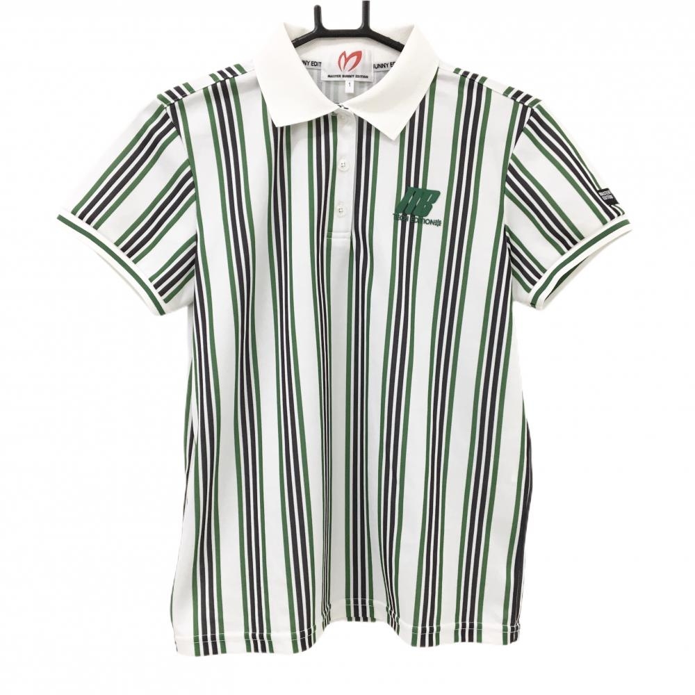 【美品】マスターバニー 半袖ポロシャツ 白×グリーン×黒 ストライプ レディース 1(M) ゴルフウェア 2025年モデル MASTER BUNNY EDITION