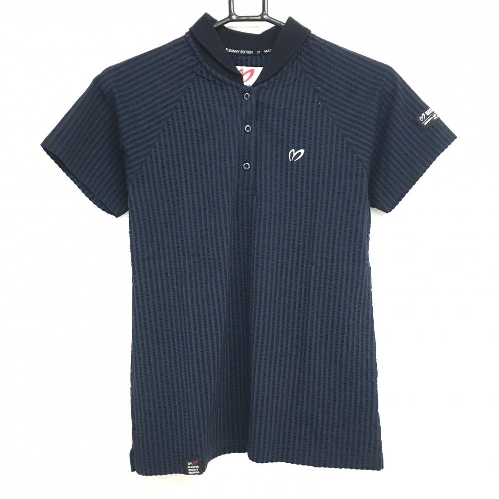 【美品】マスターバニー 半袖ポロシャツ ネイビー サッカー調生地 ストライプ地模様 レディース 1(M) ゴルフウェア MASTER BUNNY EDITION