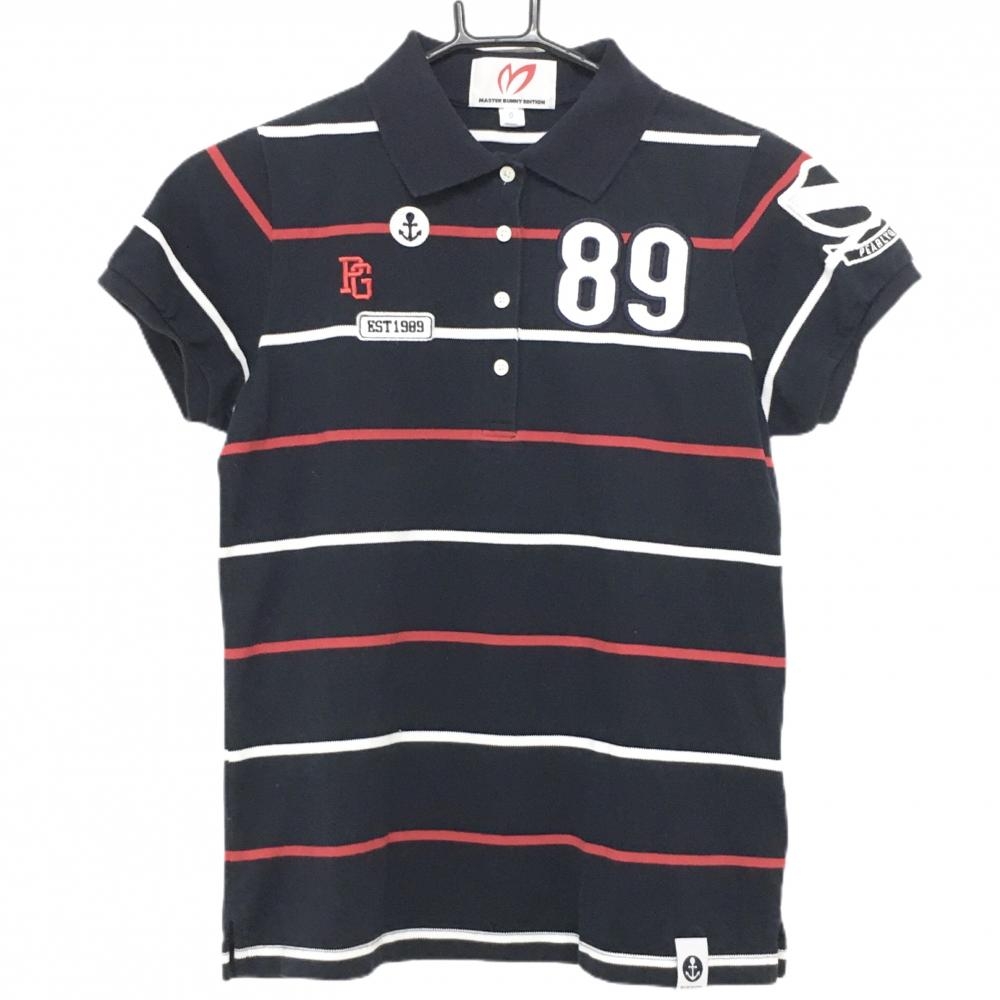 【美品】マスターバニー 半袖ポロシャツ ネイビー×白 ボーダー パーリーゲイツ レディース 0(S) ゴルフウェア MASTER BUNNY EDITION