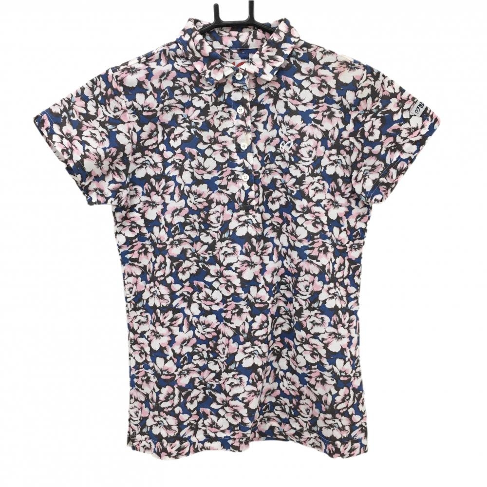【美品】マスターバニー 半袖ポロシャツ ブルー×ピンク 花柄 レディース 0(S) ゴルフウェア MASTER BUNNY EDITION