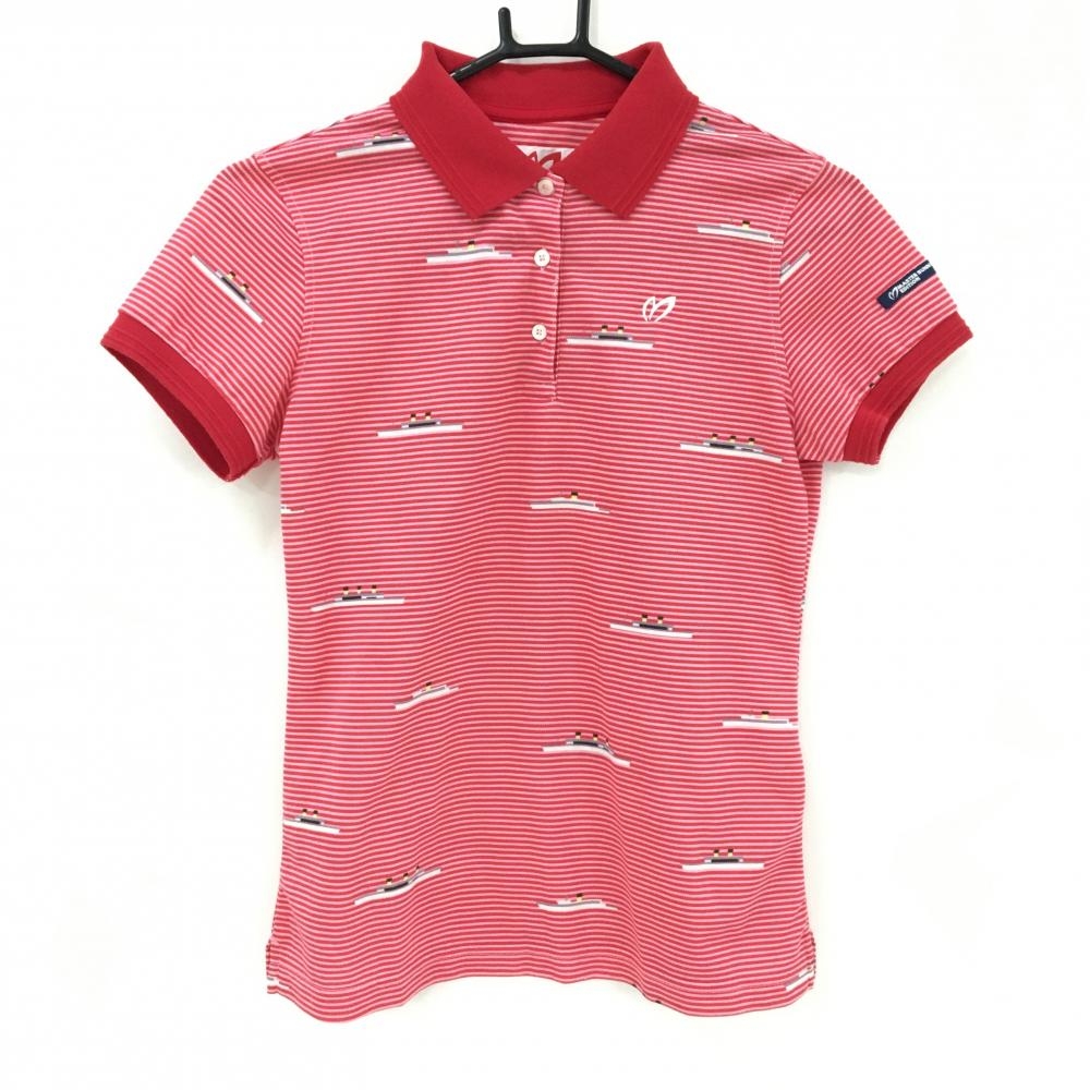 【超美品】マスターバニー 半袖ポロシャツ レッド×ピンク ボーダー 船総柄 レディース 0(S) ゴルフウェア MASTER BUNNY EDITION
