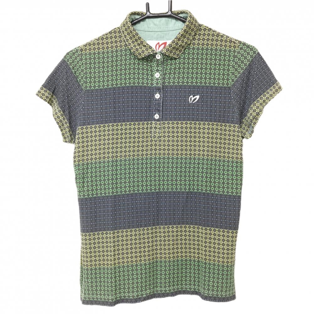 【美品】マスターバニー 半袖ポロシャツ ネイビー×グリーン系 小紋総柄 レディース 1(M) ゴルフウェア MASTER BUNNY EDITION