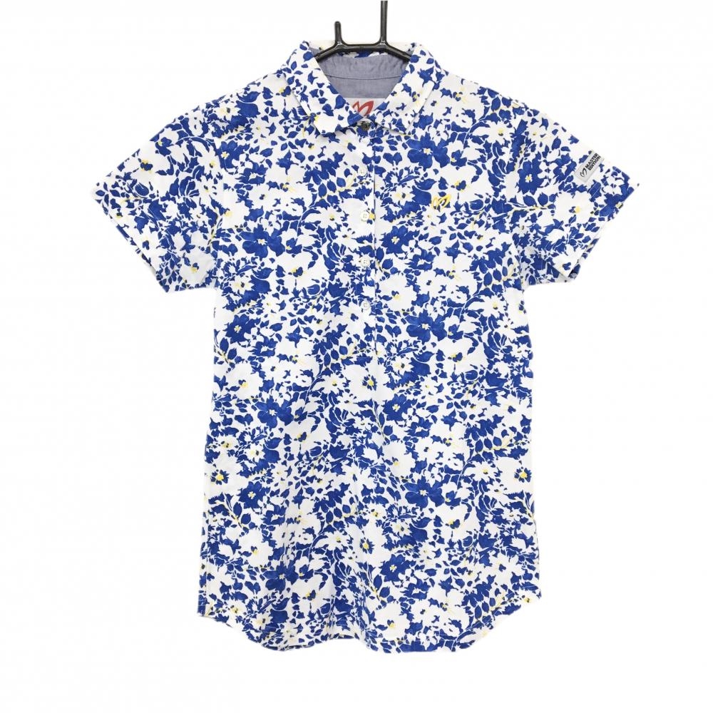 【超美品】マスターバニー 半袖ポロシャツ 白×ブルー 花柄 胸元ロゴ刺しゅう レディース 1(M) ゴルフウェア MASTER BUNNY EDITION