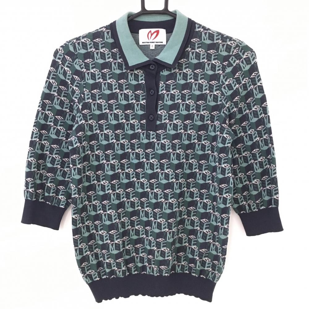 【美品】マスターバニー 七分袖ニットポロシャツ ライトブルー×ネイビー ロゴ総柄  レディース 0(S) ゴルフウェア MASTER BUNNY EDITION
