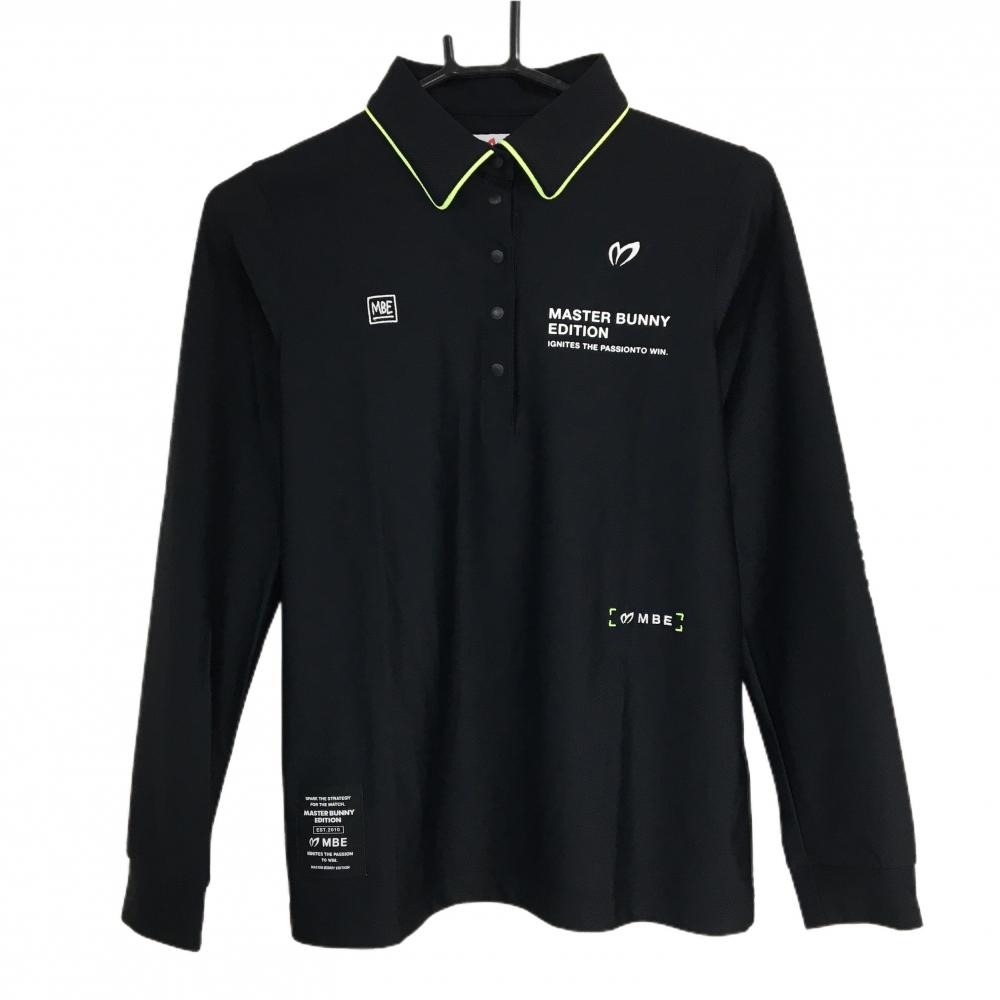 【超美品】マスターバニー 長袖ポロシャツ 黒×蛍光グリーン ロゴ白  レディース 1(M) ゴルフウェア 2024年モデル MASTER BUNNY EDITION