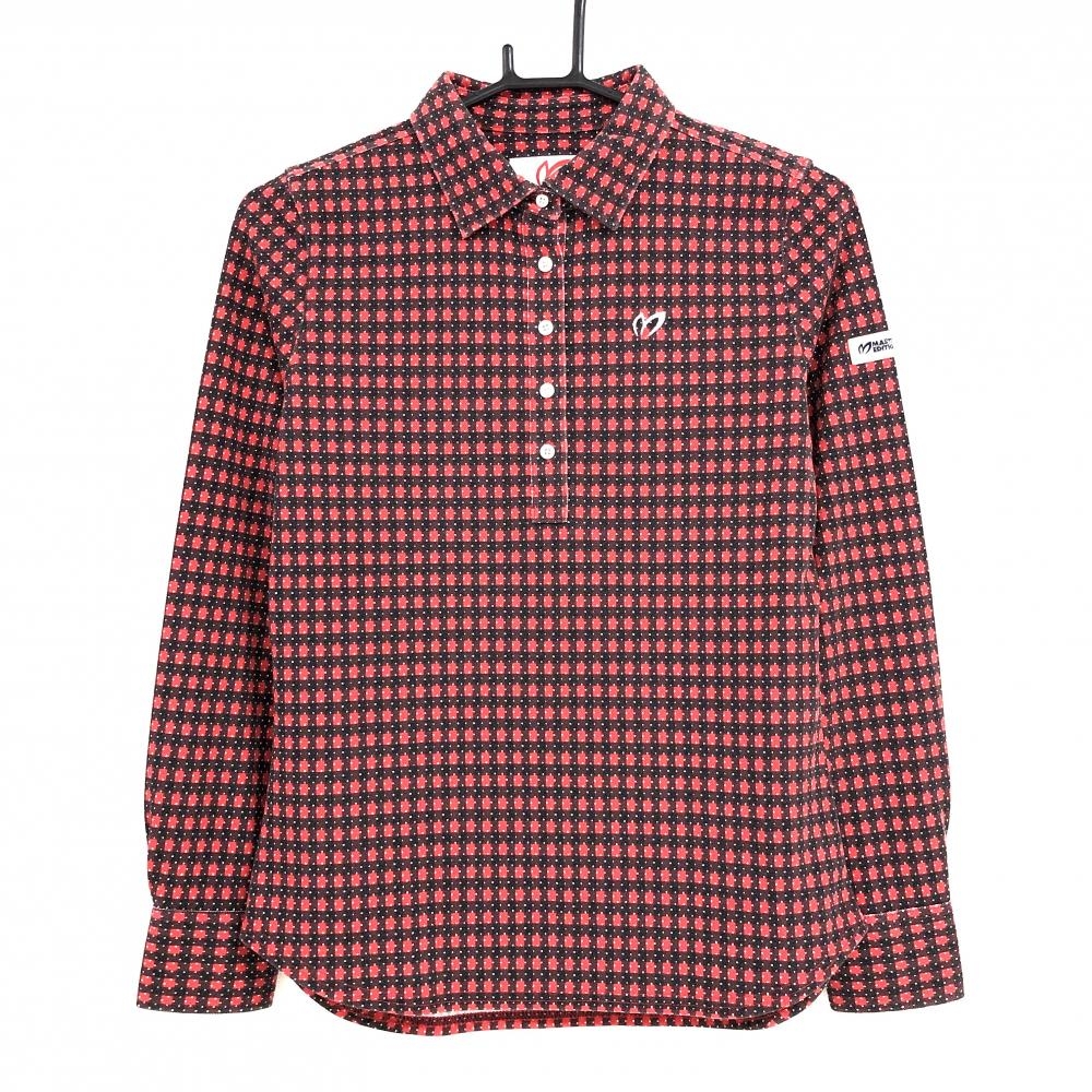 【美品】マスターバニー 長袖ポロシャツ レッド×黒×白 チェック ピンドット レディース 0 ゴルフウェア MASTER BUNNY EDITION