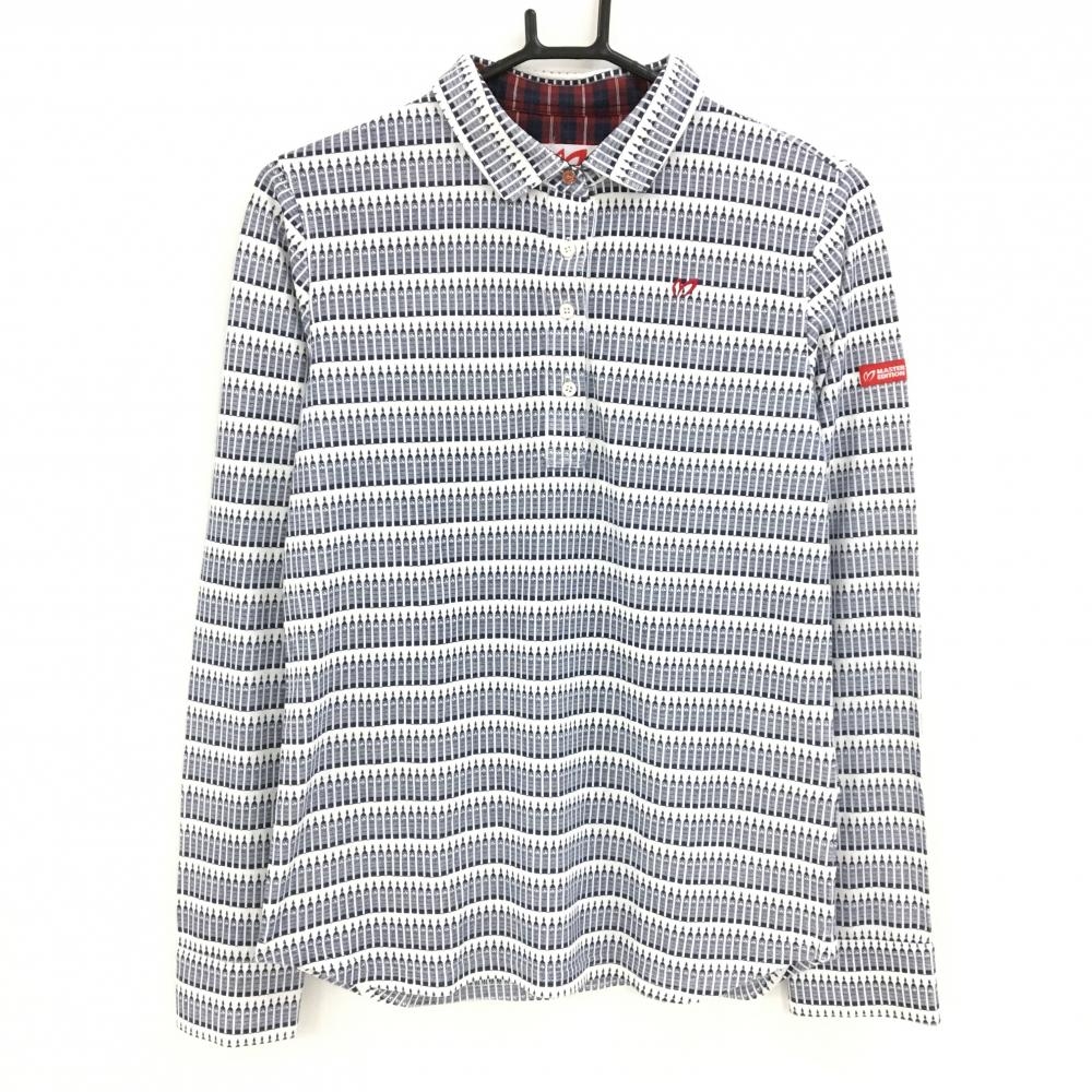 マスターバニー 長袖ポロシャツ 白×ネイビー 総柄  レディース 2(L) ゴルフウェア MASTER BUNNY EDITION