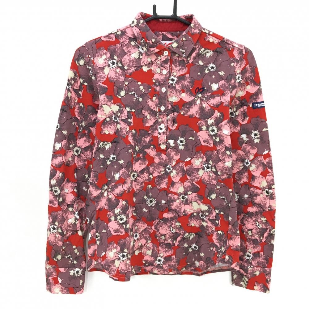 【美品】マスターバニー 長袖ポロシャツ レッド×ピンク 花柄  レディース 1(M) ゴルフウェア MASTER BUNNY EDITION