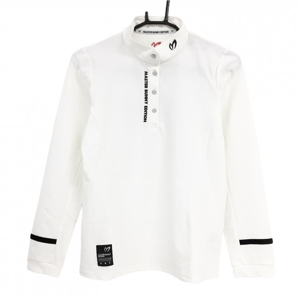【超美品】マスターバニー 長袖ポロシャツ 白 千鳥格子地模様 スタンドカラー ロゴ黒 レディース 0(S) ゴルフウェア MASTER BUNNY EDITION