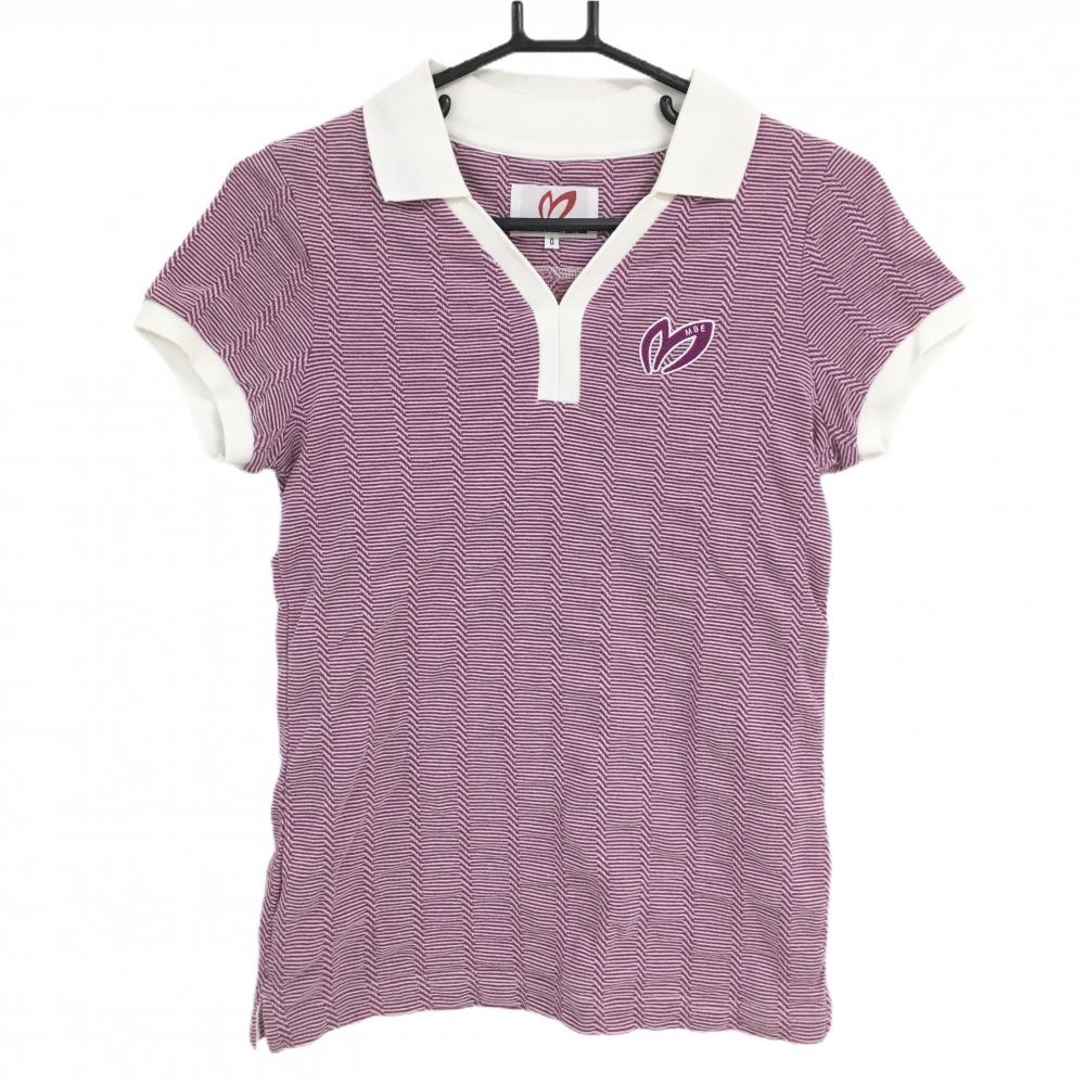 【美品】マスターバニー ニット半袖スキッパーシャツ ピンク×白 細ボーダー レディース 0(S) ゴルフウェア MASTER BUNNY EDITION