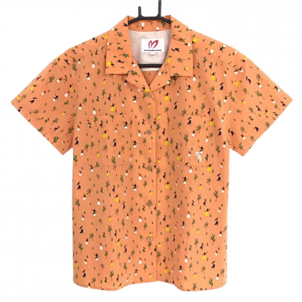【超美品】マスターバニー 半袖シャツ　ライトオレンジ×グリーン 樹木・人物総柄  レディース 2(L) ゴルフウェア MASTER BUNNY EDITION