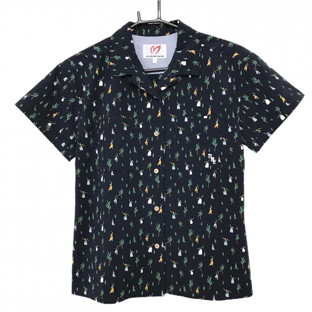 【超美品】マスターバニー 半袖シャツ ネイビー×グリーン 樹木・ダンサー総柄  レディース 1(M) ゴルフウェア MASTER BUNNY EDITION