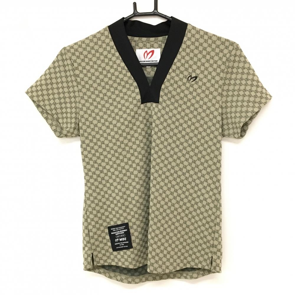 【超美品】マスターバニー 半袖シャツ ベージュ系×黒 総柄 Vネック  レディース 1(M) ゴルフウェア MASTER BUNNY EDITION