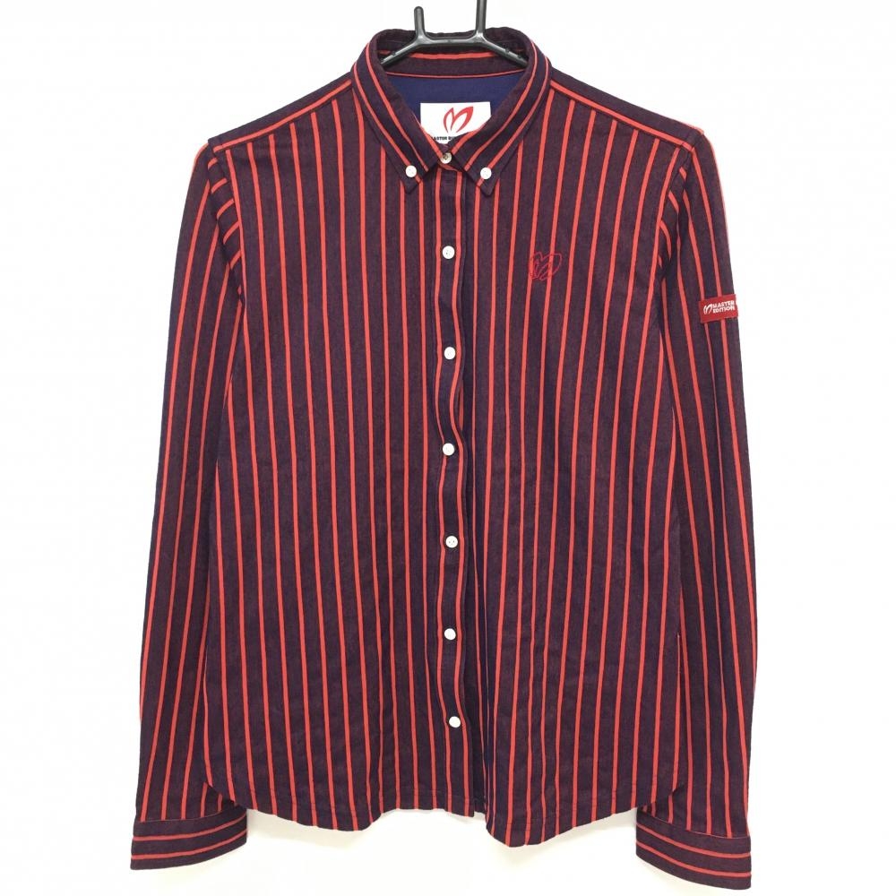 【美品】マスターバニー 長袖シャツ ネイビー×レッド ストライプ 表微起毛  レディース 2(L) ゴルフウェア MASTER BUNNY EDITION