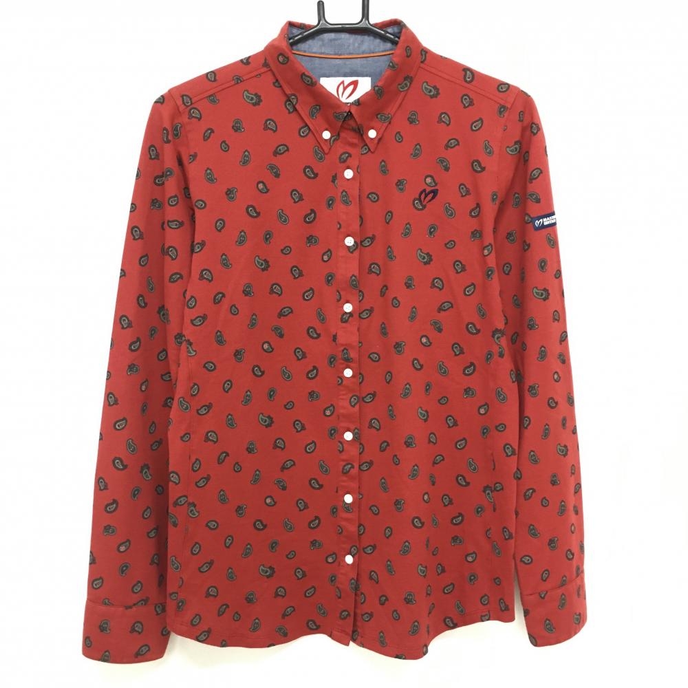 マスターバニー 長袖シャツ ダークレッド×ダークブラウン ペイズリー柄 ボタンダウン レディース 2(L) ゴルフウェア MASTER BUNNY EDITION