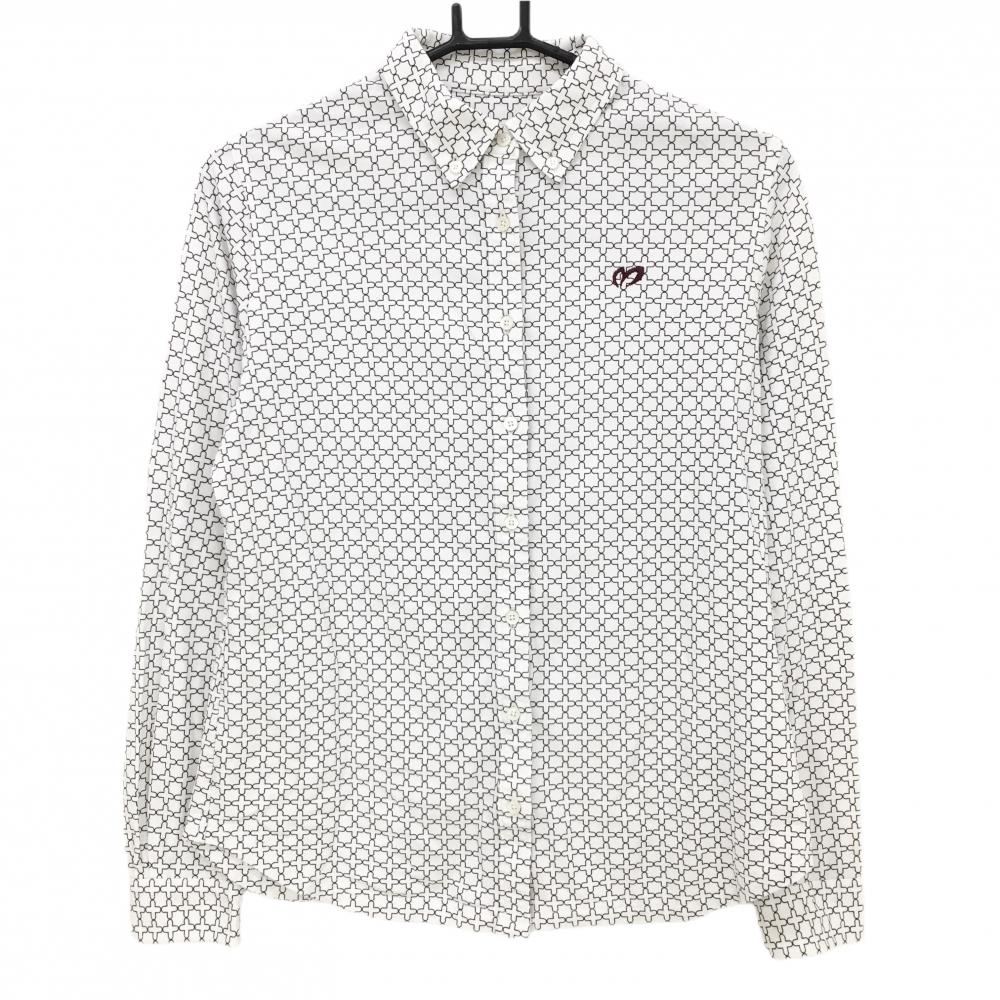 マスターバニー 長袖シャツ 白×ダークブラウン 総柄 ボタンダウン コットン100％  レディース 2(L) ゴルフウェア MASTER BUNNY EDITION