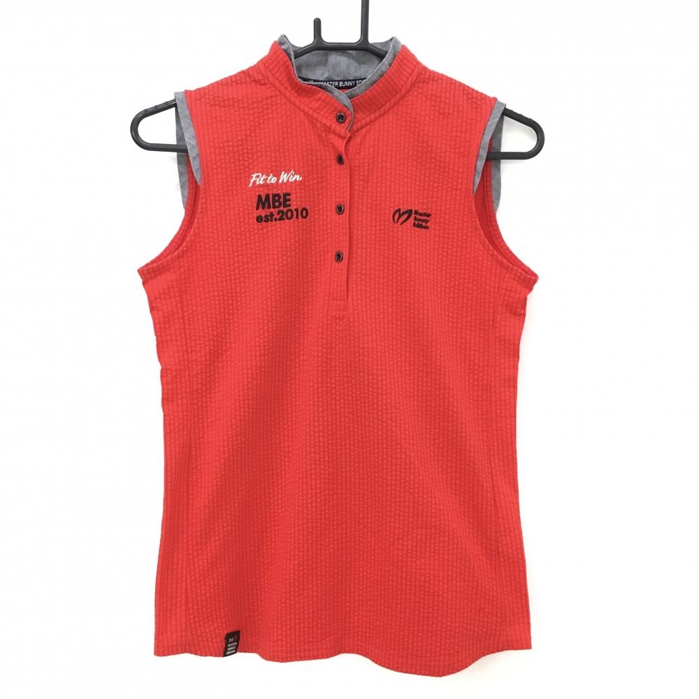 【超美品】マスターバニー ノースリーブポロシャツ レッド スタンドカラー ロゴ黒 レディース 0(S) ゴルフウェア MASTER BUNNY EDITION