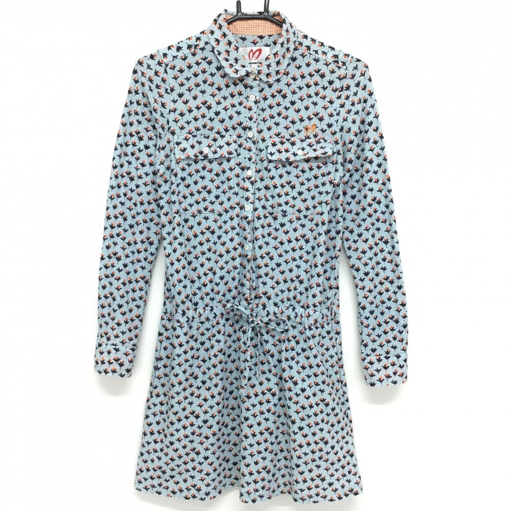 マスターバニー 長袖ポロワンピース ライトブルー×レッド 総柄  レディース 0(S) ゴルフウェア MASTER BUNNY EDITION