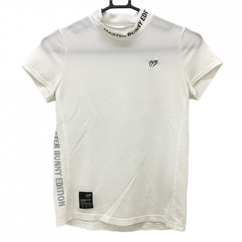 【美品】マスターバニー 半袖ハイネックシャツ 白×黒 織生地ネックロゴ レディース 0(S) ゴルフウェア 2022年モデル MASTER BUNNY EDITION