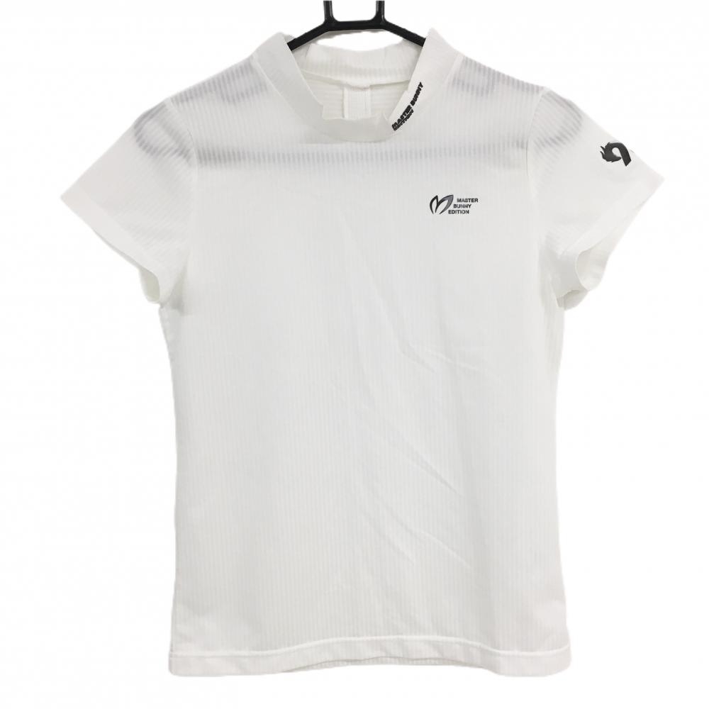 【美品】マスターバニー 半袖ハイネックシャツ 白 ストライプ織生地 レディース 0(S) ゴルフウェア MASTER BUNNY EDITION