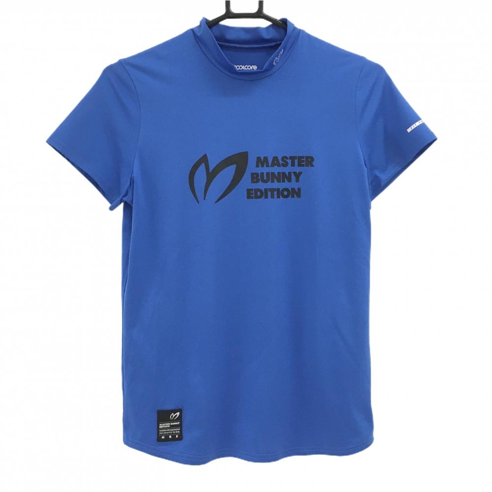 【超美品】マスターバニー 半袖ハイネックシャツ ブルー×黒 ビッグロゴプリント レディース 2(L) ゴルフウェア MASTER BUNNY EDITION